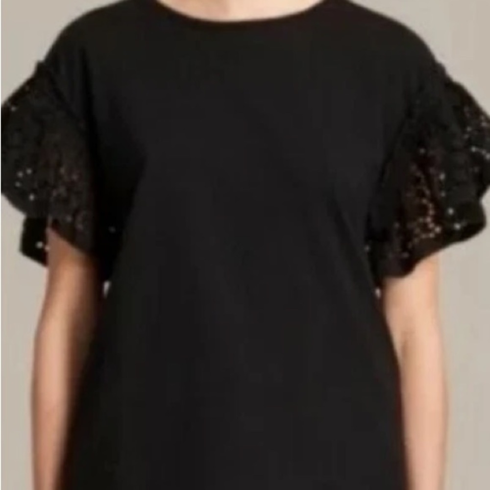 All Saints Trixi Women's Black Ruffle Eyelet Sleeve Top